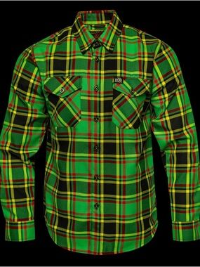 DIXXON BOB MARLEY Bright Green Plaid Button-Down Shirt